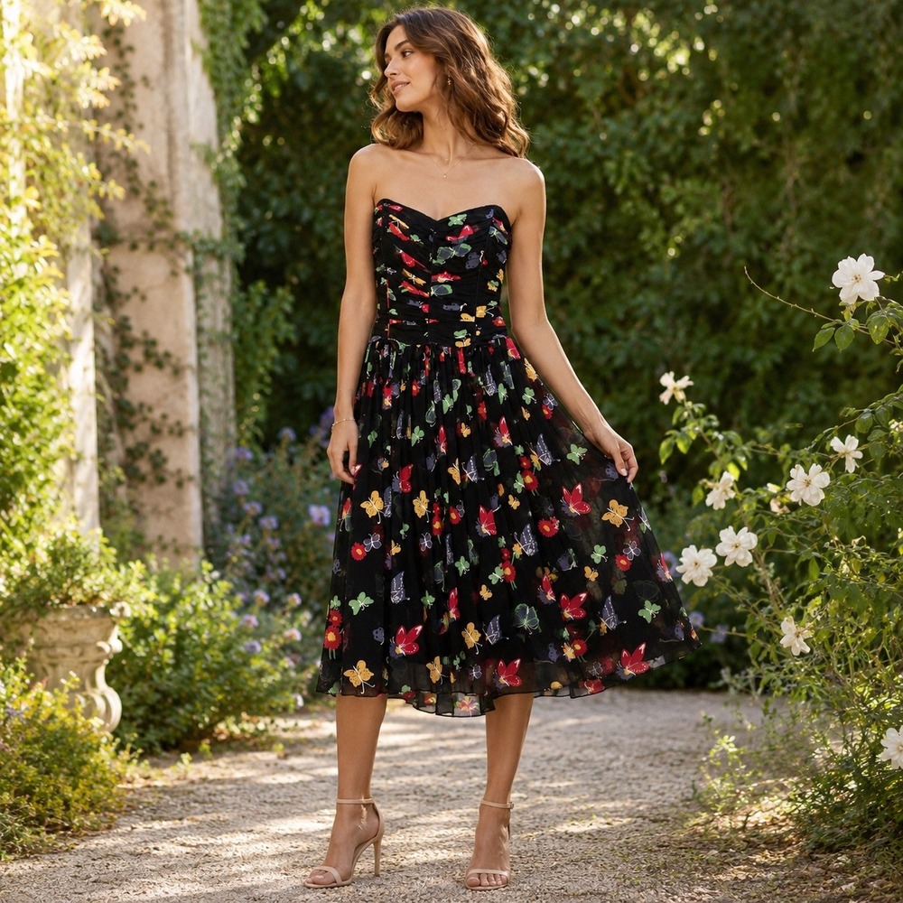 Anna Sui for Anthropologie Silk Butterfly Print Strapless Dress Black Multi 0